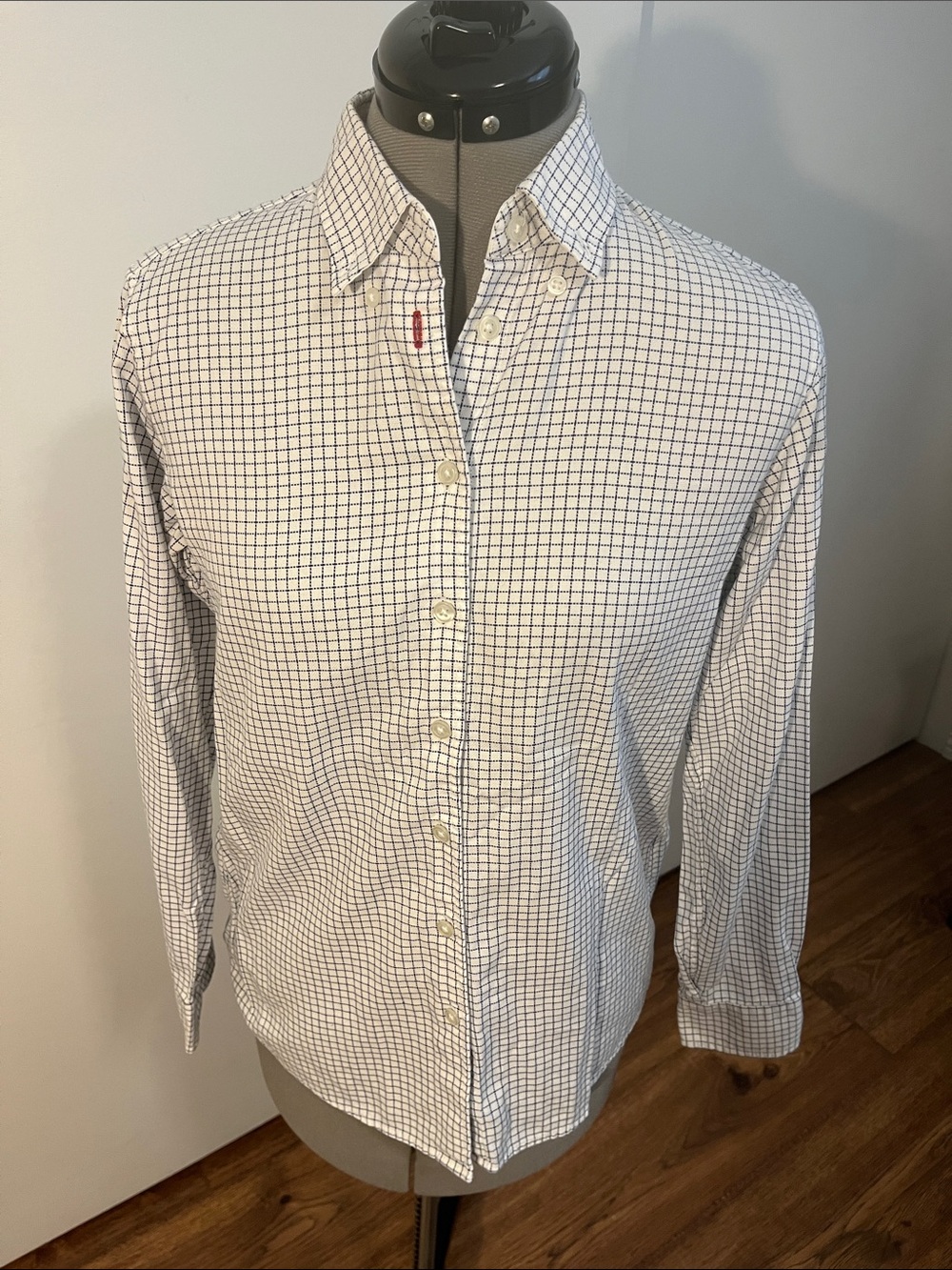 Uniqlo White Button-Down Shirt with Navy Windowpane